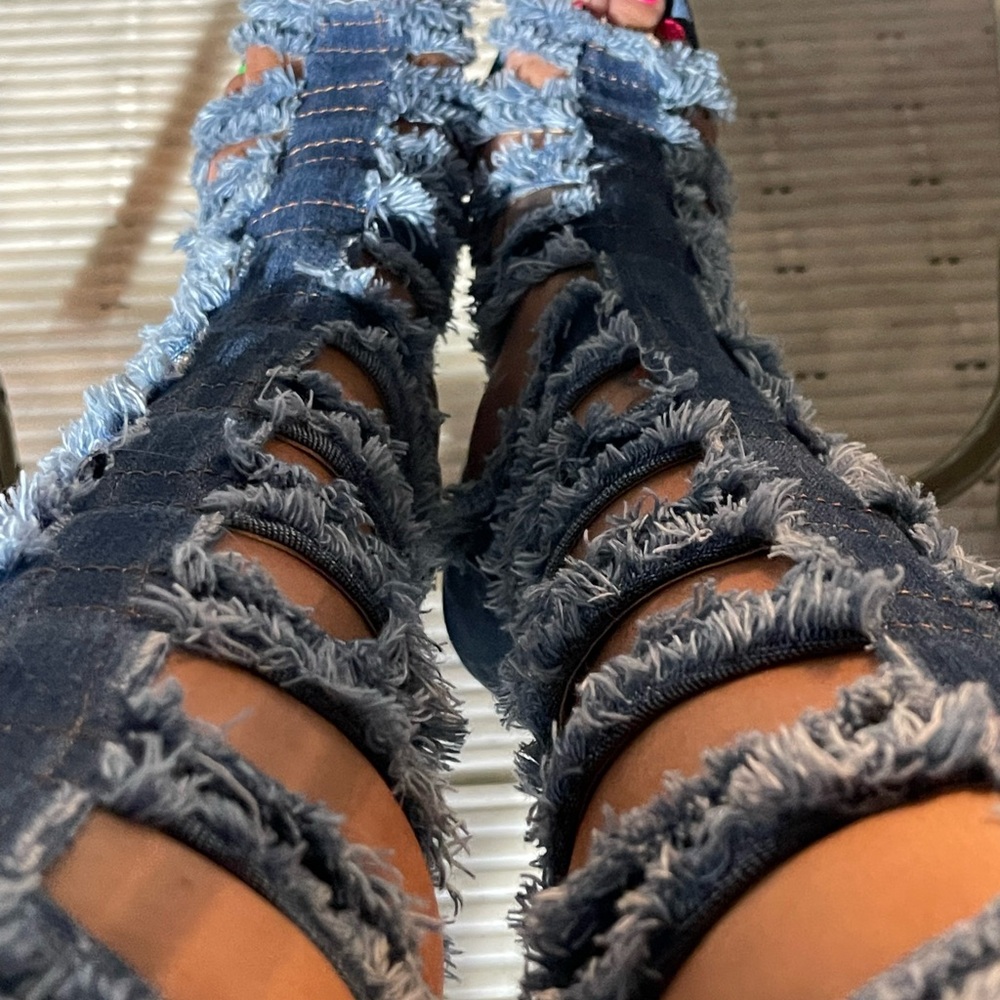 Distressed Denim Knee-High Heeled Platform Boots - Picture 8 of 8